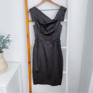 Black Halo Jackie Belted Stretch Gabardine Sheath Dress Gray Cap Sleeve